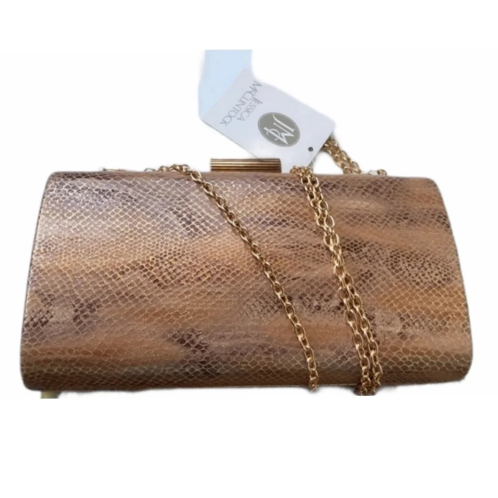 Jessica McClintock Gold Metallic Reptile‎ Chain Strap Clutch Shoulder Bag